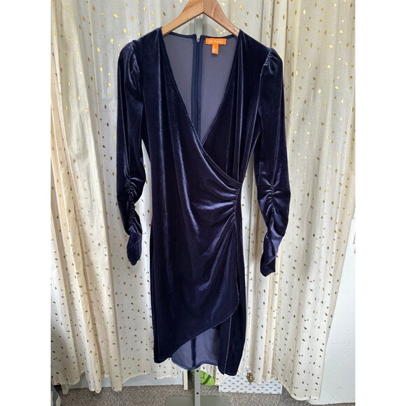 Gigi Parker Velvet Ruched Long Sleeve Sexy Stretch Bodycon Faux Wrap Dress S - Picture 2 of 8